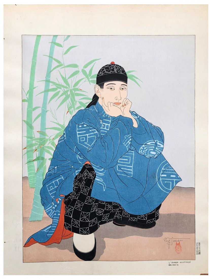 Japanese Woodblock Print Paul Jacoulet: Japanese Woodblock Print by Paul Jacoulet L'homme Accroupis Chinois