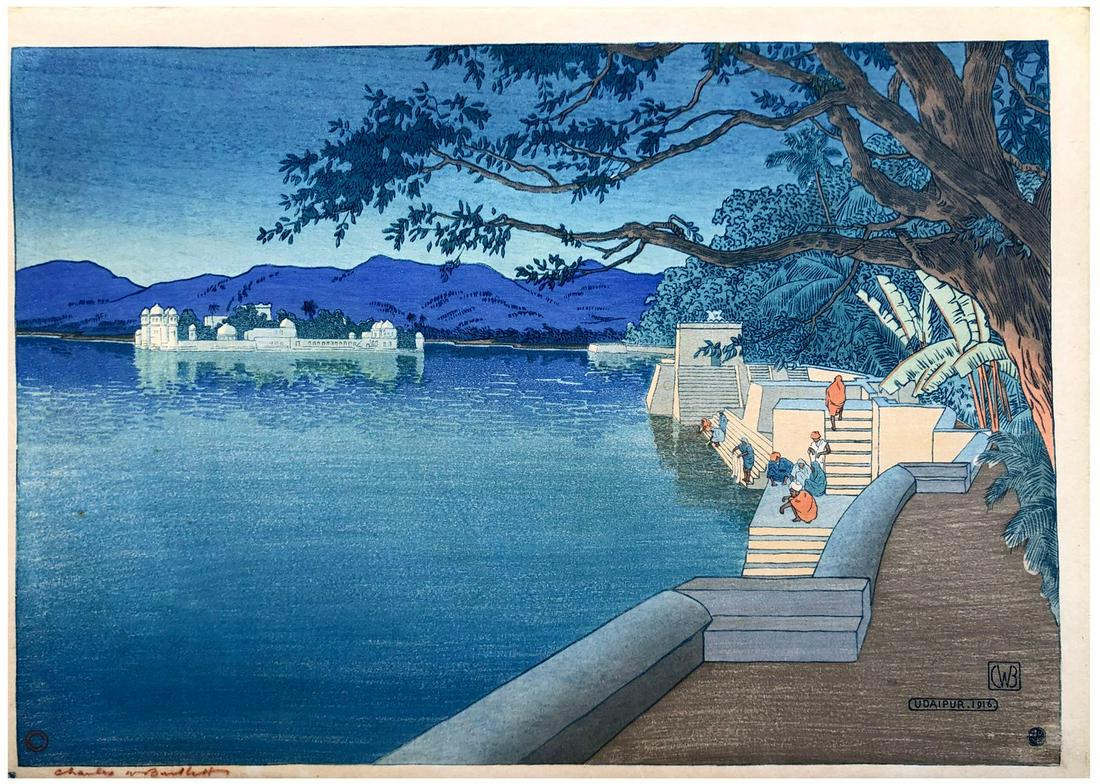 Japanese Woodblock Print Charles Bartlett: Japanese Woodblock Print by Charles Bartlett Water Palace, Udaipur Pre Earthquake