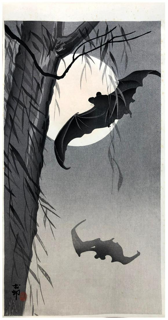 Japanese Woodblock Print Ohara Koson: Japanese Woodblock Print by Ohara Koson Flying Bats