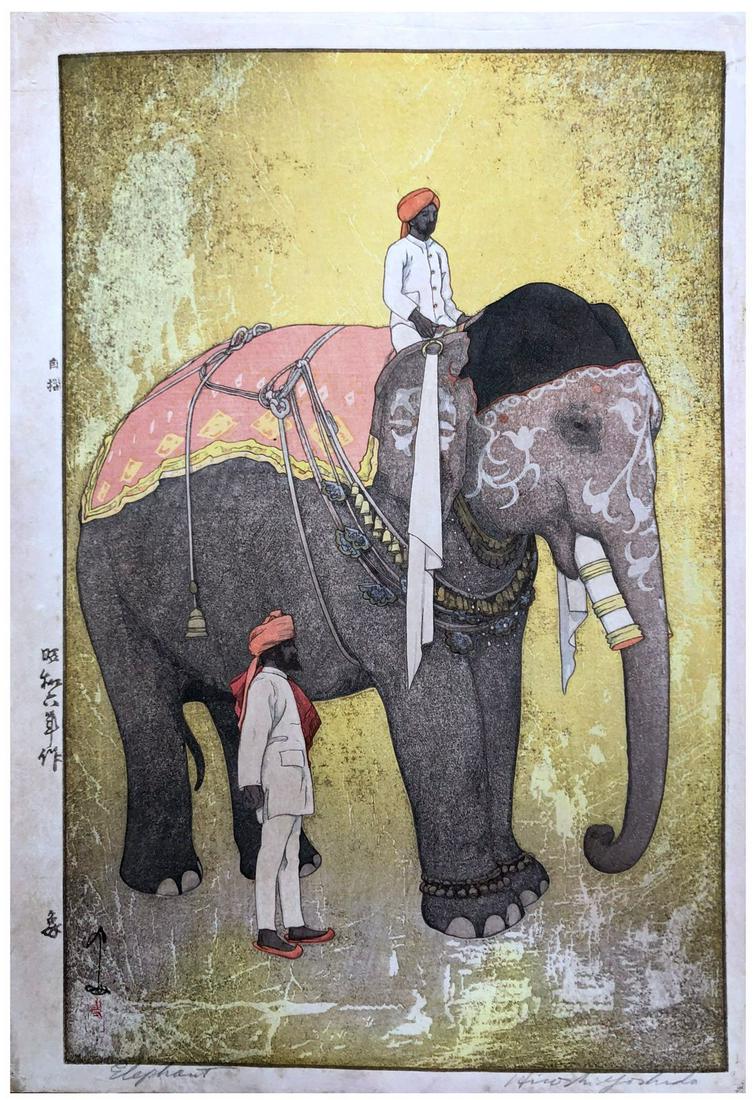 Japanese Woodblock Print Hiroshi Yoshida: Japanese Woodblock Print by Hiroshi Yoshida Elephant