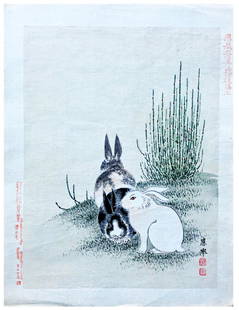 Japanese Woodblock Print Maruyama Okyo: Japanese Woodblock Print after Maruyama Okyo 3 Rabbits