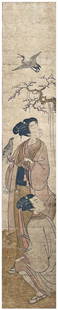 Japanese Woodblock Print Isoda Koryusai: Japanese Woodblock Print by Isoda Koryusai Courtesan Holding Hawk Hashira-e