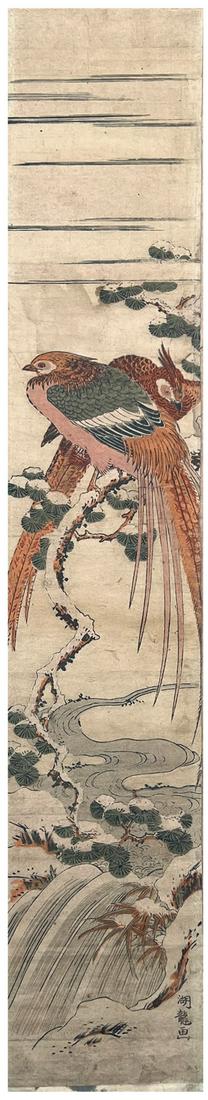 Japanese Woodblock Print Isoda Koryusai: Japanese Woodblock Print by Isoda Koryusai Two Golden Pheasants on Snow Covered Pine