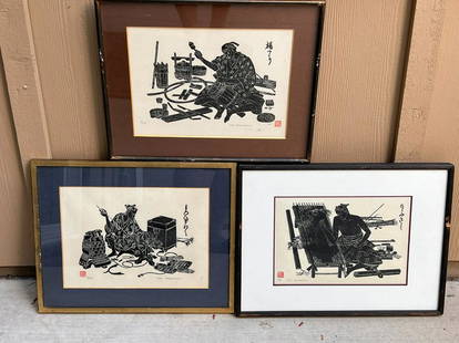 Japanese Woodblock Print Isao Takahashi: Japanese Woodblock Print by Isao Takahashi Set of 3 Framed Prints