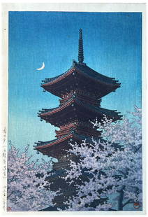 Japanese Woodblock Print Kawase Hasui: Japanese Woodblock Print by Kawase Hasui Evening Glow in Spring at Toshogu Shrine 1st Edition