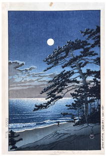 Japanese Woodblock Print Kawase Hasui: Japanese Woodblock Print by Kawase Hasui Spring Moon at Ninomiya