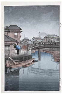 Japanese Woodblock Print Kawase Hasui: Japanese Woodblock Print by Kawase Hasui Rainy Season at Ryoshimachi