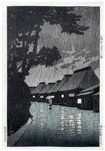 Japanese Woodblock Print Kawase Hasui: Japanese Woodblock Print by Kawase Hasui Rain at Maekawa 1st Edition