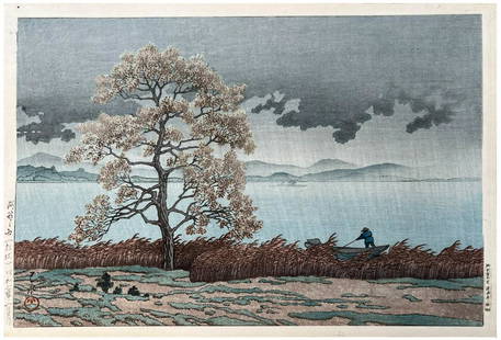 Japanese Woodblock Print Kawase Hasui: Japanese Woodblock Print by Kawase Hasui Lakeside shower at Matsue 1st Edition