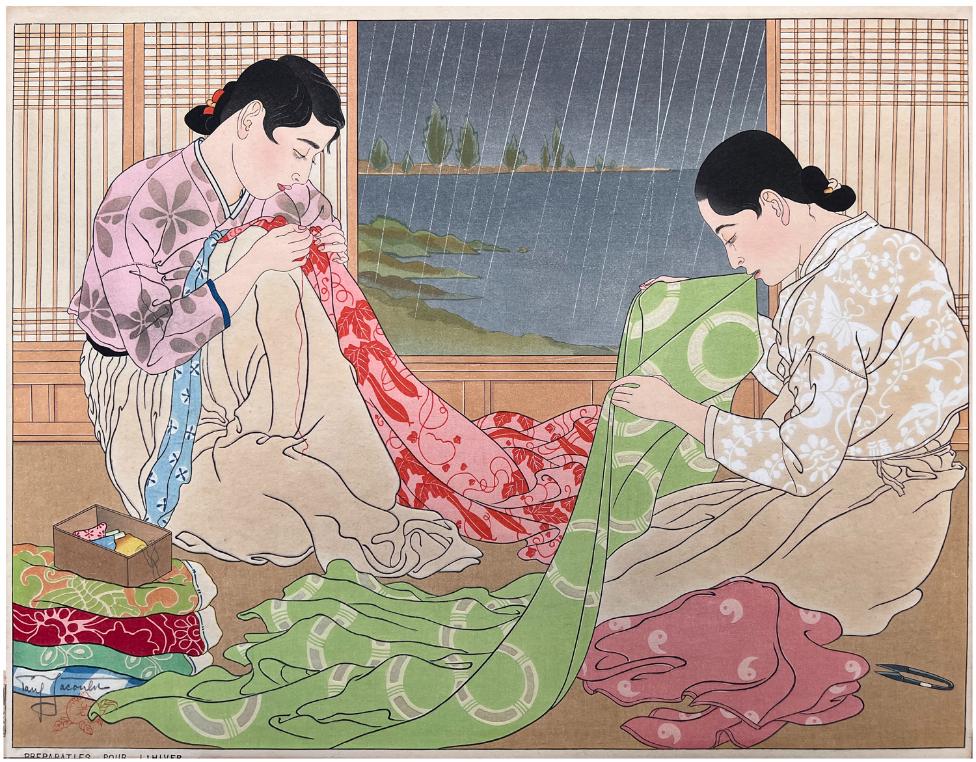 Japanese Woodblock Print Paul Jacoulet: Japanese Woodblock Print by Paul Jacoulet Preparatifs pour l'hiver