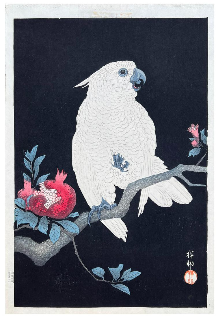 Japanese Woodblock Print Ohara Koson: Japanese Woodblock Print by Ohara Koson Cockatoo and Pomegranate 1st Edition
