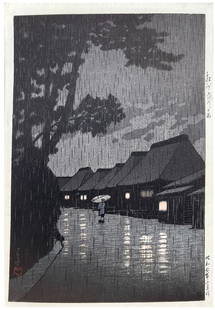 Japanese Woodblock Print Kawase Hasui: Japanese Woodblock Print by Kawase Hasui Rain in Maekawa