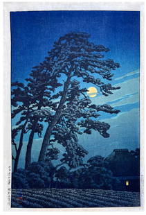 Japanese Woodblock Print Kawase Hasui: Japanese Woodblock Print by Kawase Hasui Moon at Magome 1st Edition