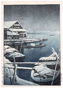 Japanese Woodblock Print Kawase Hasui: Japanese Woodblock Print by Kawase Hasui Snow at Mukojima 1st Edition