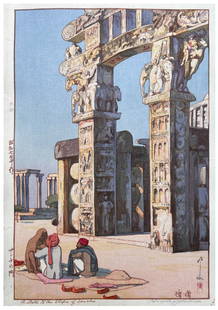 Japanese Woodblock Print Hiroshi Yoshida: Japanese Woodblock Print by Hiroshi Yoshida A gate to the Stupa of Sanchi