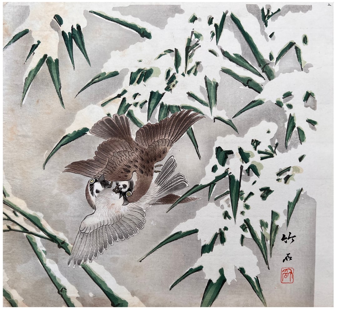 Japanese woodblock Print Nagamachi Chikuseki: Japanese woodblock Print by Nagamachi Chikuseki Quarrelling Sparrows in Snow
