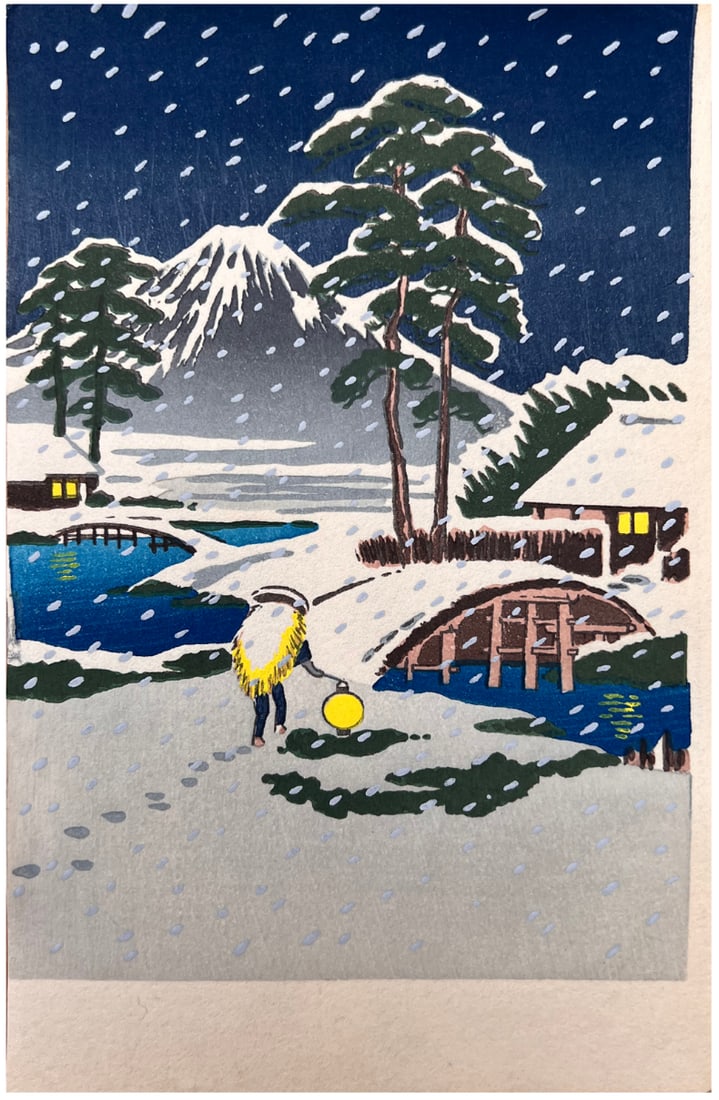 Japanese woodblock Print Unknown Artist: Japanese woodblock Print by Unknown Artist Snow at Yokkaichi Bridge