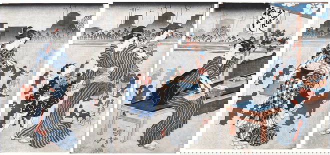 Japanese woodblock Print Utagawa Kuniyoshi: Japanese woodblock Print by Utagawa Kuniyoshi Three Beauties with Children Triptych