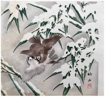 Japanese woodblock Print Nagamachi Chikuseki: Japanese woodblock Print by Nagamachi Chikuseki Quarrelling Sparrows in Snow