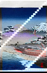Japanese woodblock Print Unknown Artist: Japanese woodblock Print by Unknown Artist Mt Fuji and Boats