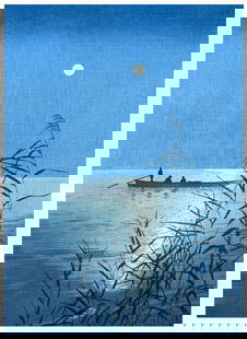 Japanese woodblock Print Shoda Koho: Japanese woodblock Print by Shoda Koho Fisherman by Moonlight