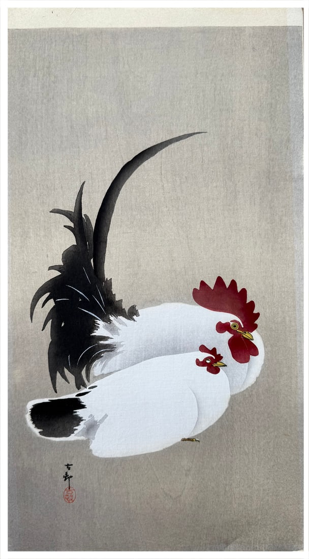 Japanese woodblock Print Ohara Koson: Japanese woodblock Print by Ohara Koson Rooster and Hen