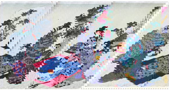 Japanese woodblock Print Toyohara Chikanobu: Japanese woodblock Print by Toyohara Chikanobu Beauties Sewing Triptych