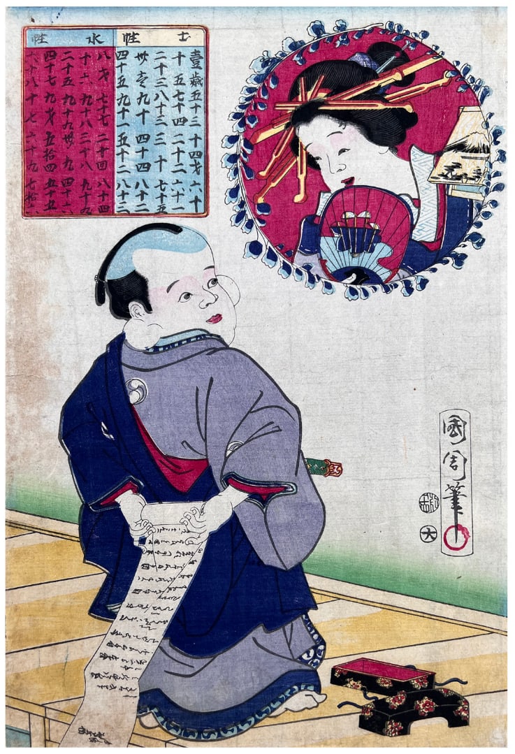 Japanese woodblock Print Toyohara Kunichika: Japanese woodblock Print by Toyohara Kunichika Letter to a loved one