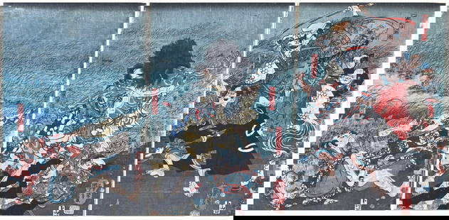 Japanese woodblock Print Utagawa Kuniyoshi: Japanese woodblock Print by Utagawa Kuniyoshi The Capture of Kidomaru Triptych