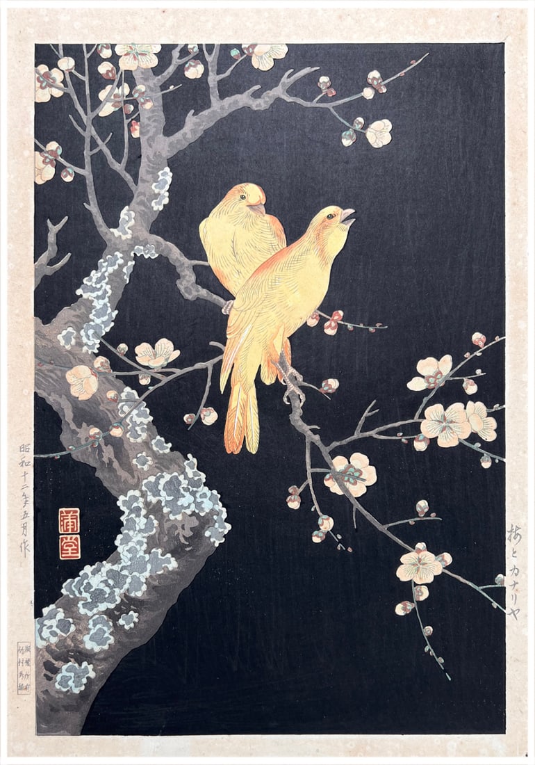 Japanese woodblock Print Hodo Nishimura: Japanese woodblock Print by Hodo Nishimura Canaries at Night