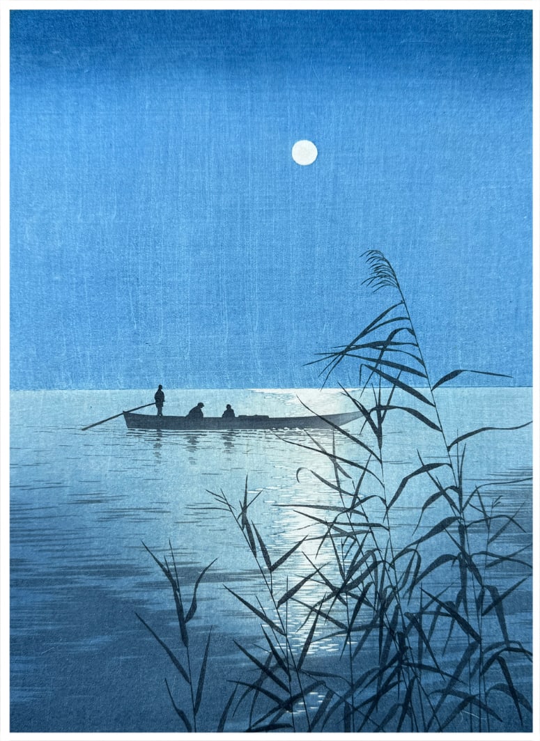 Japanese woodblock Print Shoda Koho: Japanese woodblock Print by Shoda Koho Fisherman by Moonlight