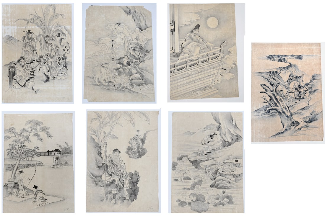 Japanese woodblock Print Katsushika Hokusai: Japanese woodblock Print by Katsushika Hokusai Set of 7 Hand Drawings