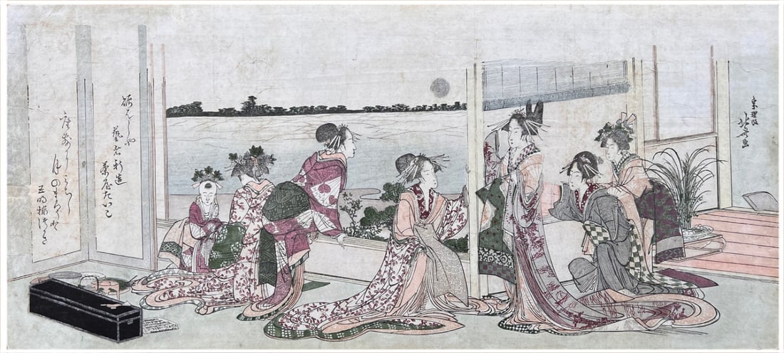 Japanese woodblock Print Katsushika Hokusai: Japanese woodblock Print by Katsushika Hokusai Courtesans on a Balcony