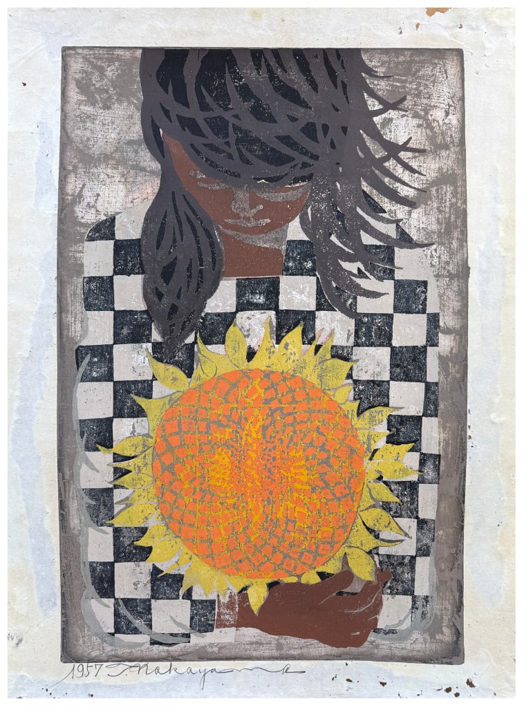 Japanese woodblock Print Tadashi Nakayama: Japanese woodblock Print by Tadashi Nakayama Girl with Sunflower
