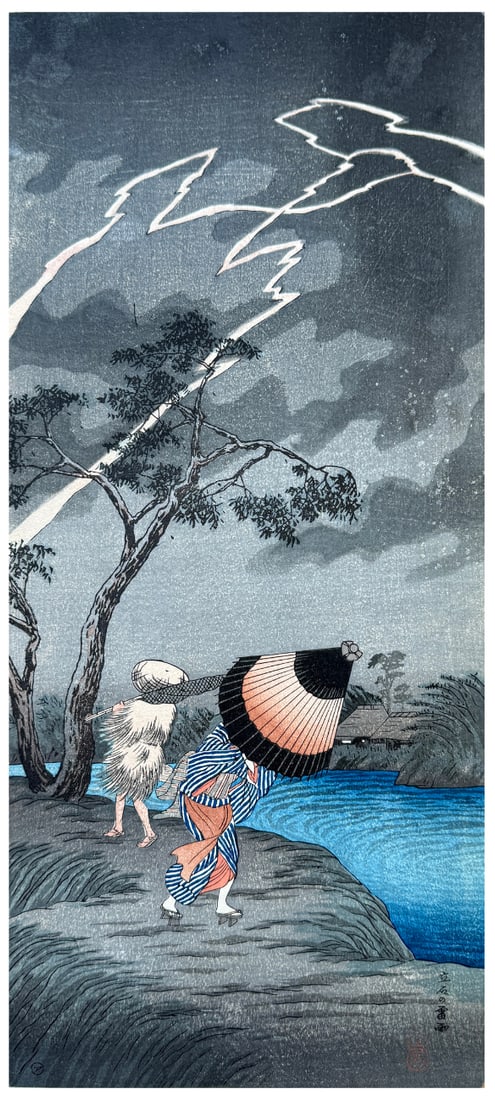 Japanese woodblock Print Takahashi Shotei: Japanese woodblock Print by Takahashi Shotei Thunderstorm at Tateishi