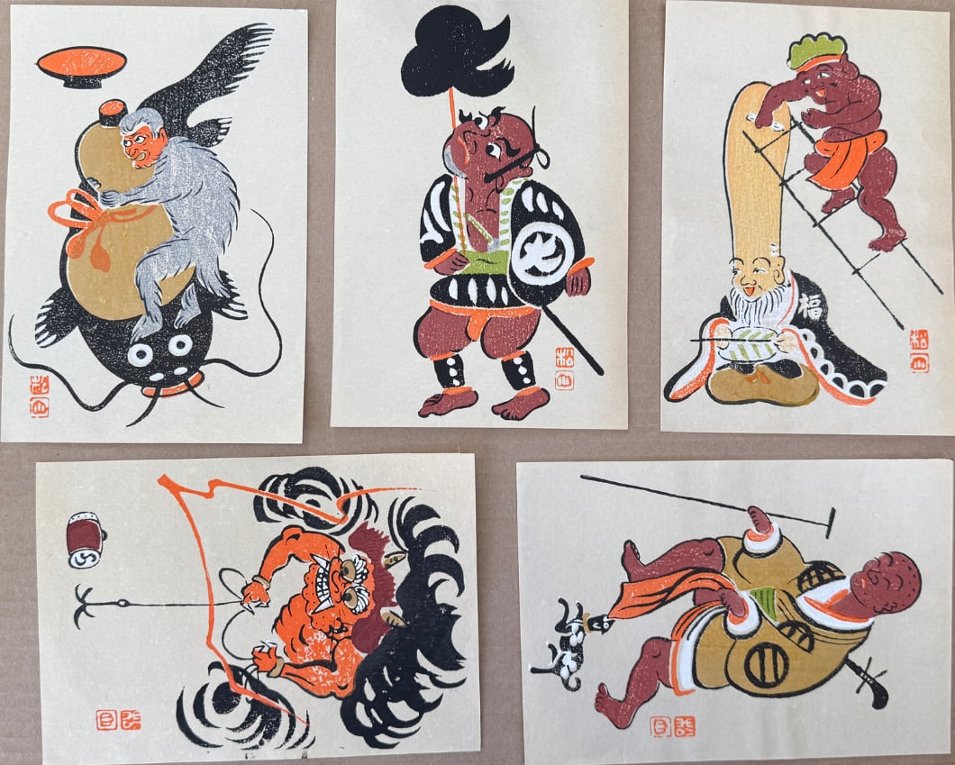 Japanese woodblock Print Takahashi Shozan III: Japanese woodblock Print by Takahashi Shozan III Set of 5 otsu-e
