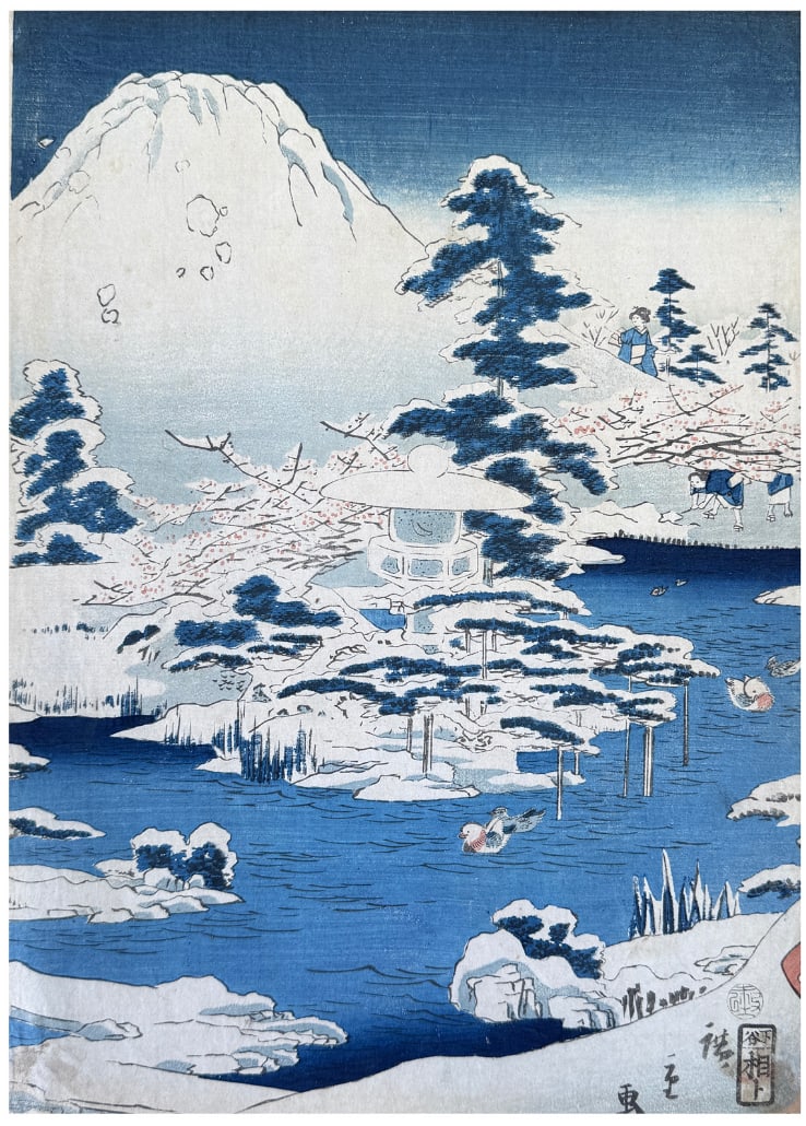 Japanese woodblock Print Utagawa Hiroshige: Japanese woodblock Print by Utagawa Hiroshige II Snow in the garden