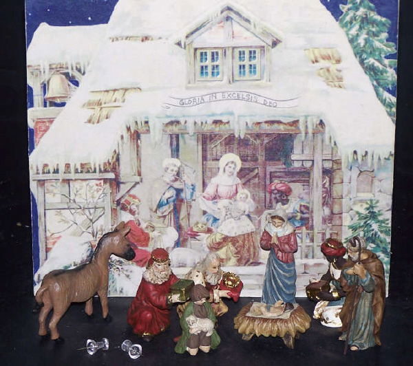 Boxed Vintage Nativity Set, 2 SETS Department 56: This lot contains TWO Nativity Sets. e Each Table tabletop set has 8 Pc. with gift box, Straw and All The Holy Family, Shepherds, Animals--- All this packaged in a vintage gift box that converts into