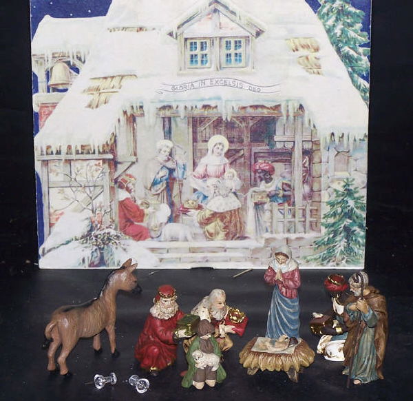 Boxed Vintage Nativity Set, 2 SETS Department 56: This lot contains TWO Nativity Sets. Each table tabletop set has 8 Pc. with gift box, Straw and All The Holy Family, Shepherds, Animals--- All this packaged in a vintage gift box that converts into th