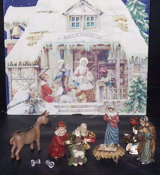 Boxed Vintage Nativity Set, 2 SETS Department 56: This lot contains TWO Nativity Sets. Each table tabletop set has 8 Pc. with gift box, Straw and All The Holy Family, Shepherds, Animals--- All this packaged in a vintage gift box that converts into th