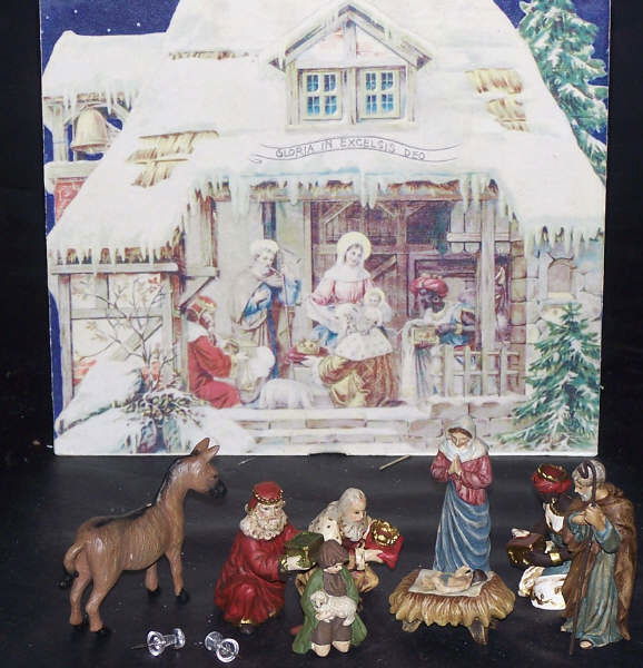 Boxed Vintage Nativity Set, 2 SETS Department 56: This lot contains TWO Nativity Sets. Each table tabletop set has 8 Pc. with gift box, Straw and All The Holy Family, Shepherds, Animals--- All this packaged in a vintage gift box that converts into th