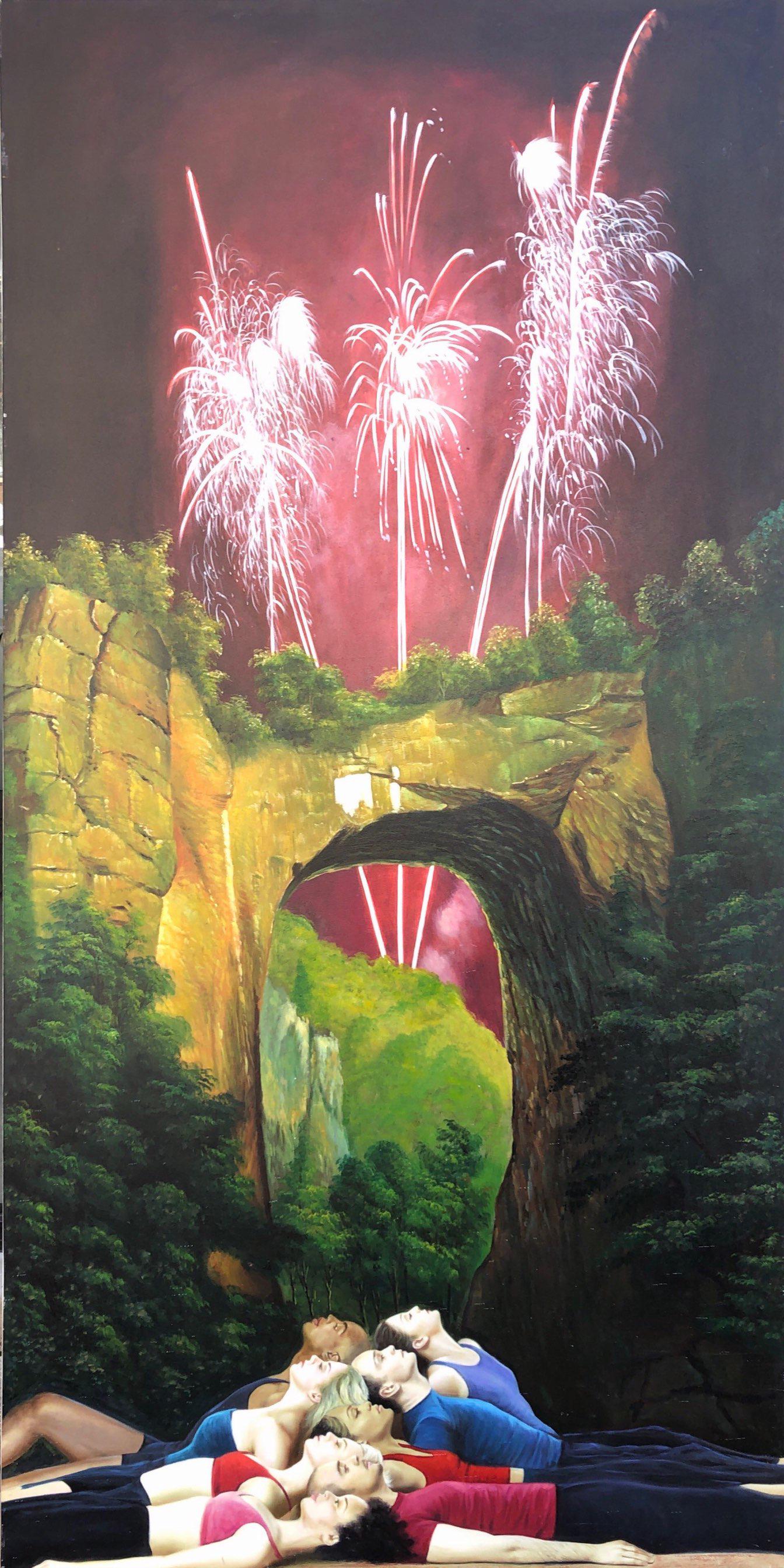 Shay kun: Children in the landscape watching on fireworks, oil on canvas, 200x100 cm, signed in Hebrew and in English on the back, dated 2008.
