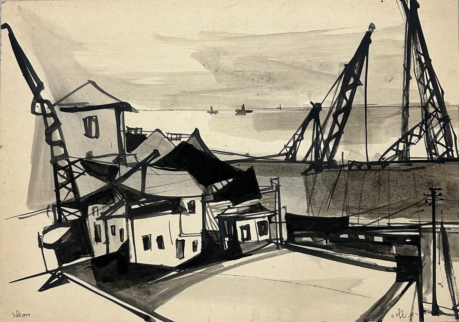 Ruth Schloss: Jaffa Port, watercolor and ink on paper, 50 × 35 cm, 1950s. A gem by the artist.Ruth Schloss (1922–2013) was an Israeli artist born in Germany. She immigrated to Eretz Israel in 1937. In the late 1