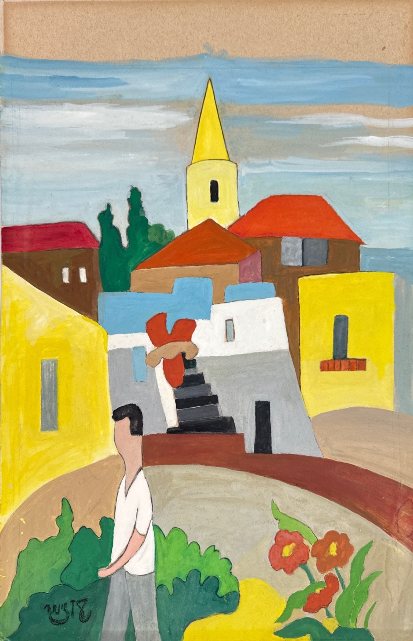 Shmuel Schlesinger: Figure against a Seascape and an Ancient City, gouache on paper, 52 × 32 cm, signed. A high-quality work.Shmuel Schlesinger (1927–2018) was a highly regarded Israeli painter, born in Poland and