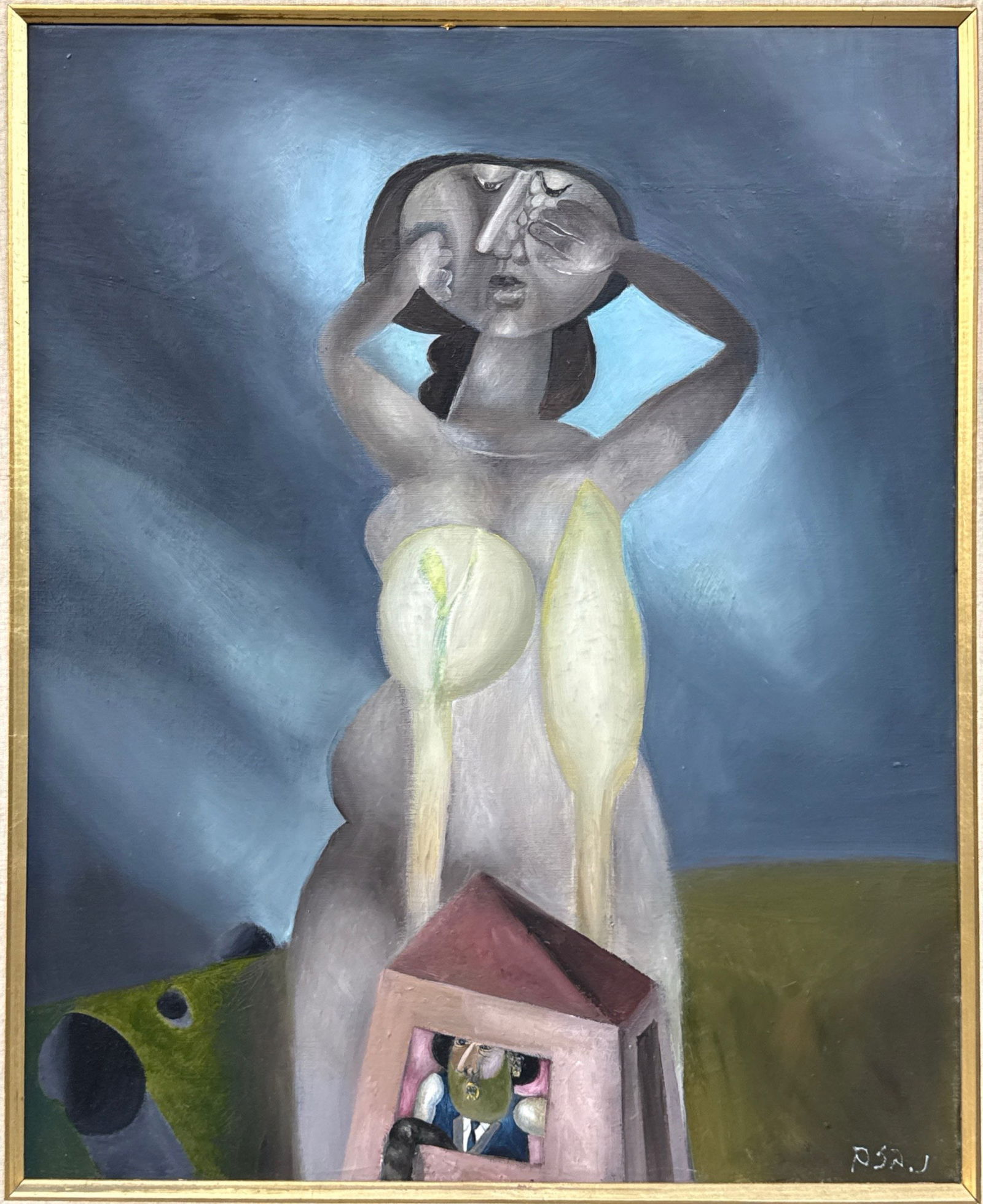 Naftali Bezem: Woman Lighting Shabbat Candles against a Landscape, with the Artist at Home, oil on canvas, 73 × 60 cm, signed. A high-quality, characteristic work. Accompanied by a certificate of authenticity from