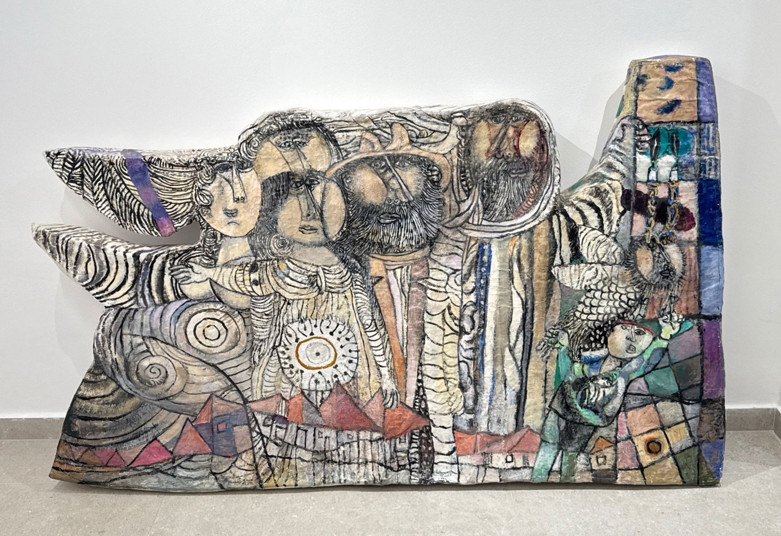 Naftali Bezem: The Aliyah and Jacob’s Ladder, sculpture / object that can be wall-hung or presented as a floor sculpture. Oil on papier-mâché. A large, volumetric work, 111 × 177 cm, signed. The subject matter