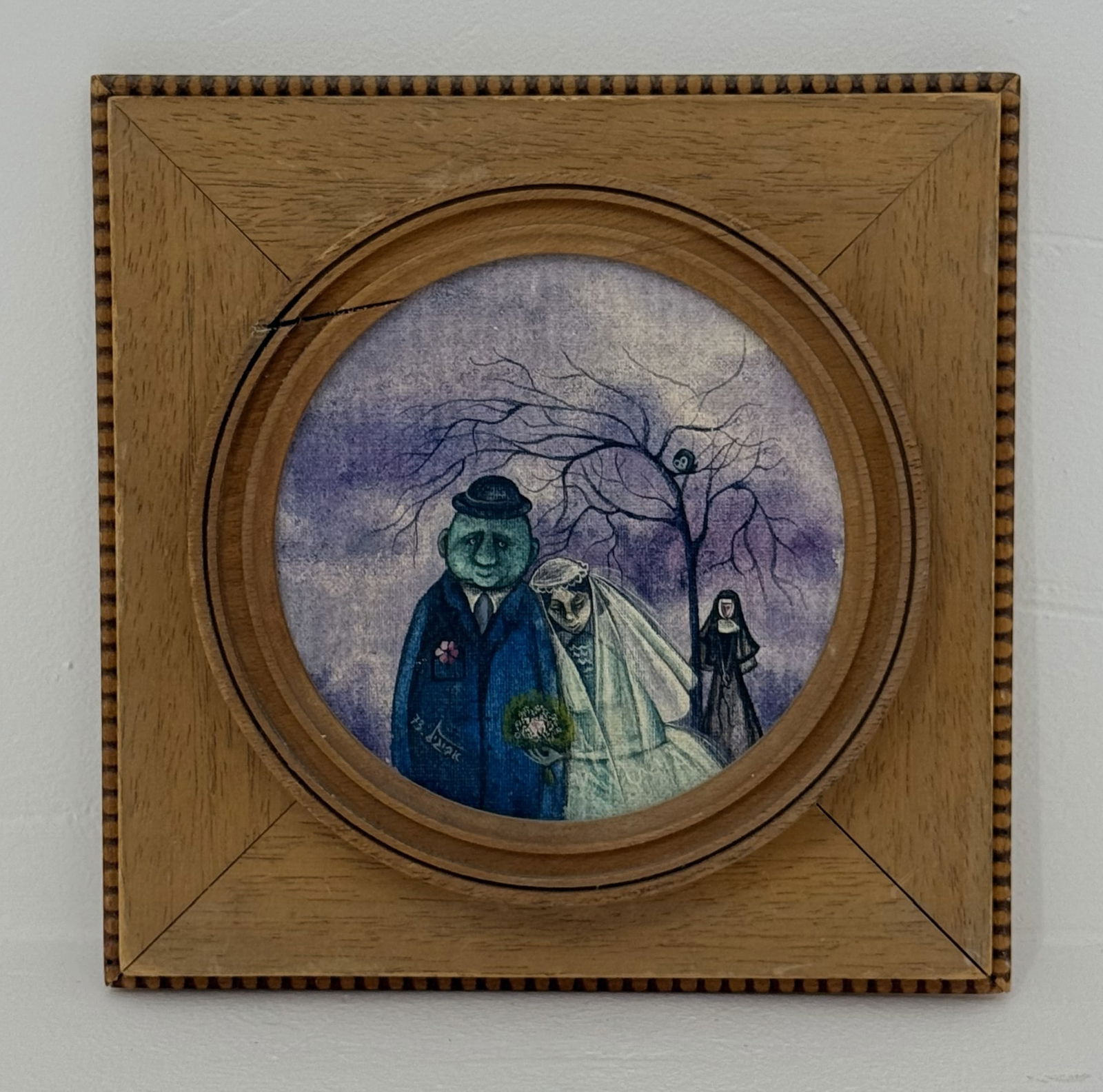 Avigail Yoresh: Bride and Groom and the Nun, oil on canvas mounted on a support, diameter 14 cm, signed and dated 1973. Original framing. Inscribed on the reverse; also numbered 22, suggesting it was likely