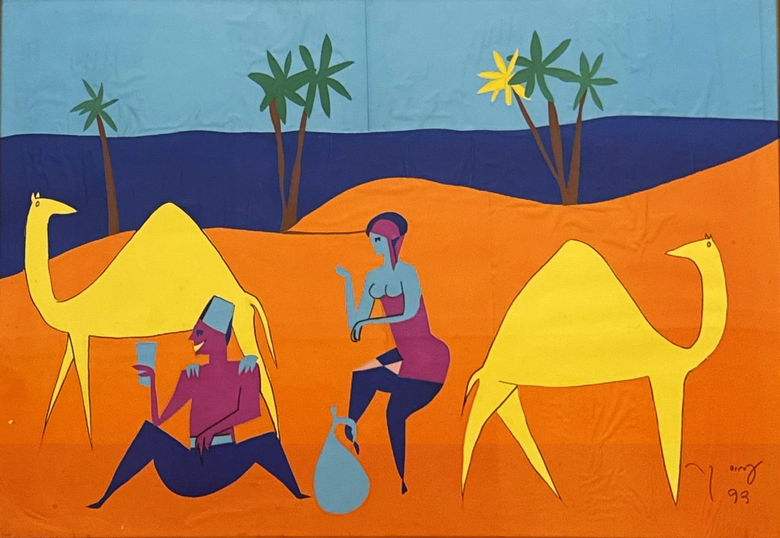 Amos Kinan: Couple and Camels on the Beach, collage on paper, 70x100 cm, dated 1993, Amos Keinan was a multidisciplinary artist, who lived between 1927 and 2009. Keinan was involved in a wide variety of fields, i