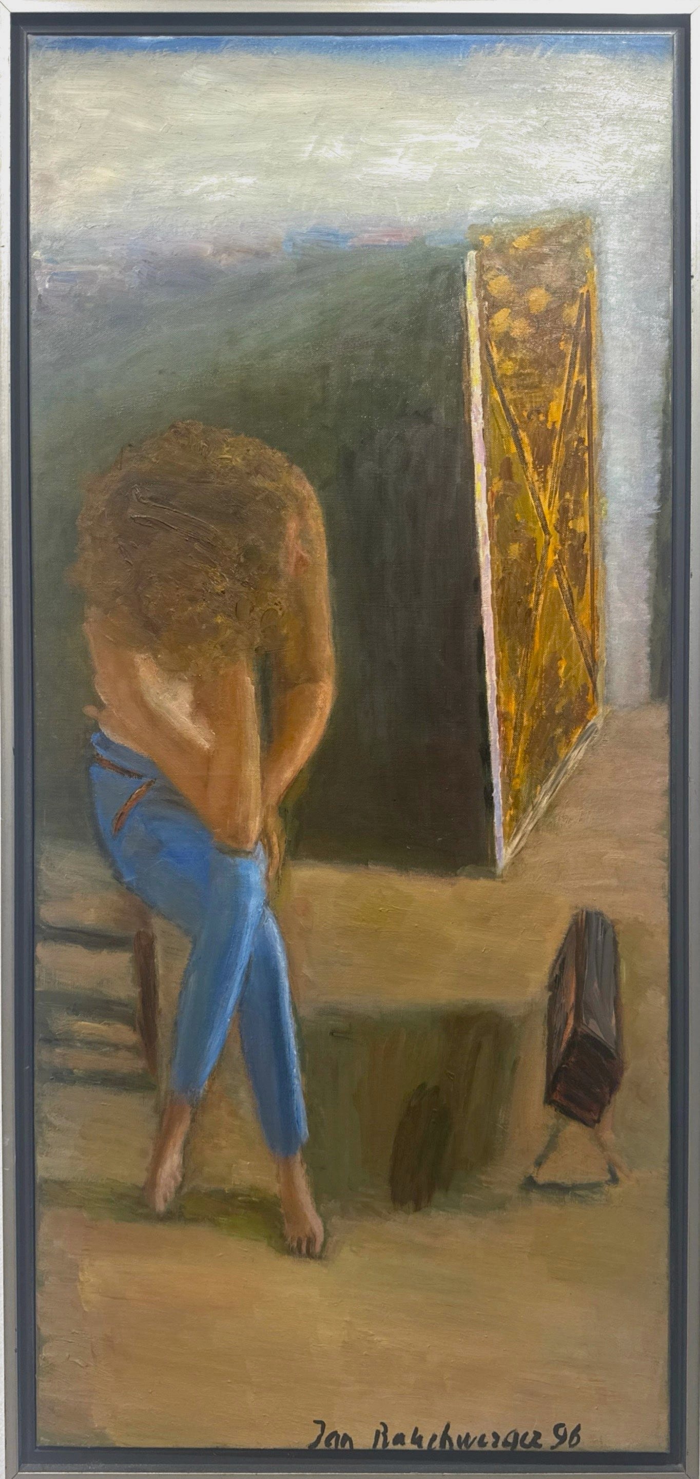 Jan Rauchwerger: Figure of a Girl Inside a Room, oil on canvas, 99x47 cm, including frame 104x51 cm, signed and dated, a quality work by an esteemed contemporary artist. Jan Rauchwerger – Born in 1942 in Czechoslova