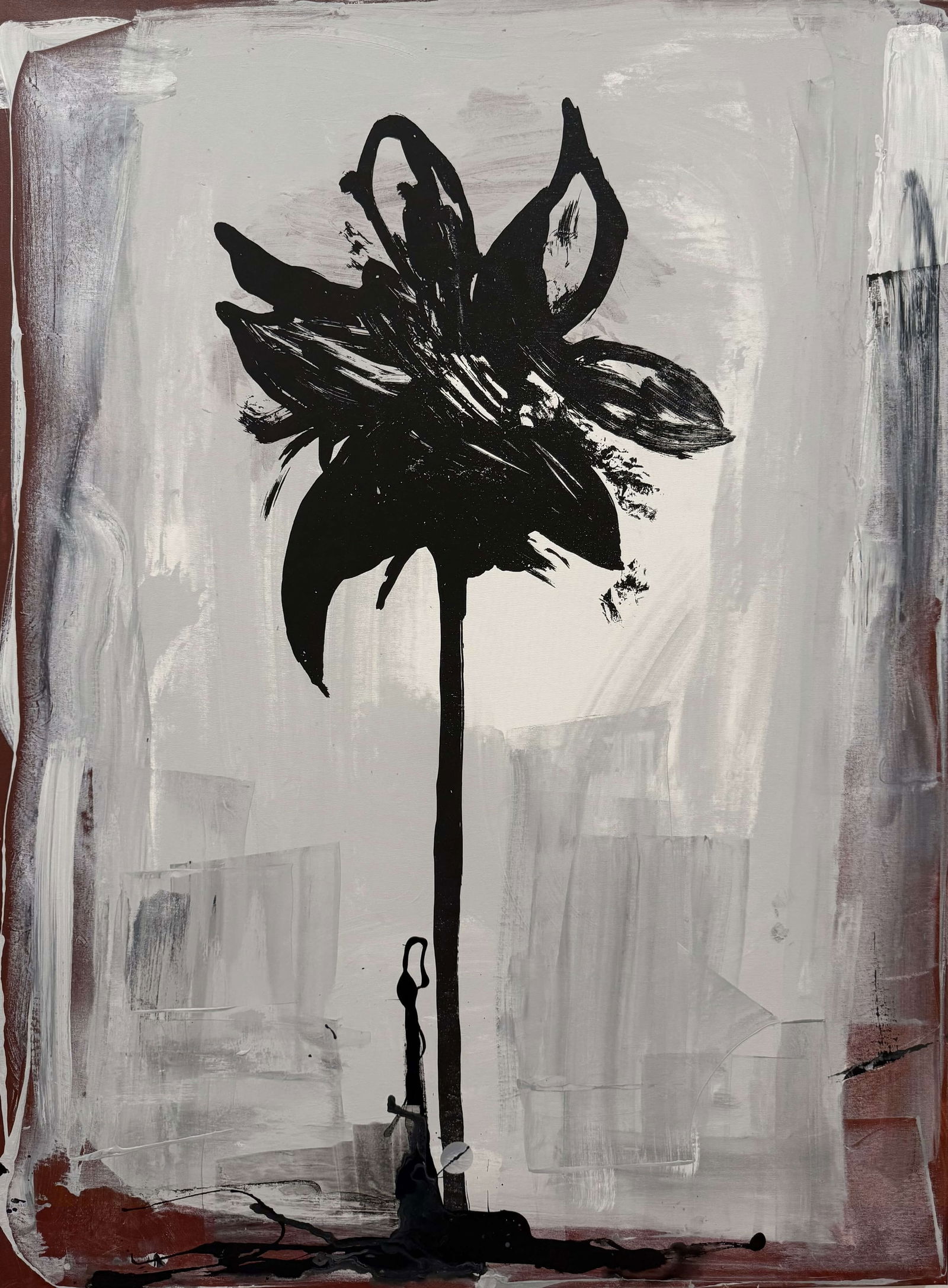 Zvi Givon: Black Flower, oil on canvas, 130x97 cm, is a symbol of life, but also of loneliness, of stubborn adherence to the existing. As in many of his works, Geva takes a seemingly universal and simple image a